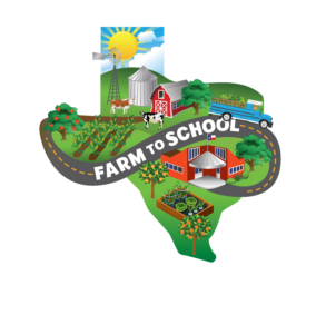 Farm to School cartoon image of Texas with a farm from squaremeals.org